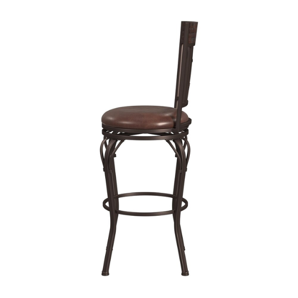 Metal Swivel Stool – Dark Chestnut Finish with Distressed Wood Rail, Geometric Back Design, Antique Brown Faux Leather Seat, 360° Swivel, Counter & Bar Height Options
