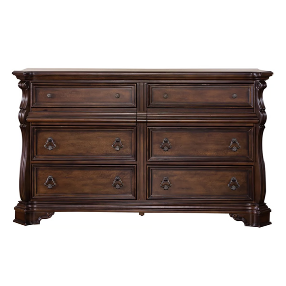 Classic Elegance with a Touch of Tradition – 5-Piece King Bedroom Set Featuring Sleigh Bed with Rope Twist Cap Rails, Dresser, Mirror, Chest, and Nightstand with Hidden Storage and Custom Drop Ring Hardware