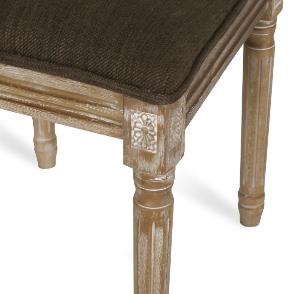 French Country Wood and Cane Upholstered Dining Chairs – Weathered Rubberwood Frame with Fluted Legs & Rectangular Cane Backrest