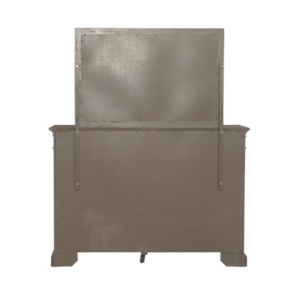 Timeless Elegance Barrigan 6-Piece King Panel Bed, Dresser, Mirror, Chest & Nightstand Set – Dusty Taupe Finish, Burnished Brass Accents, Full Extension Drawers, Cedar & Felt-Lined Drawers, Decorative Fretwork, and Built-in Charging Station