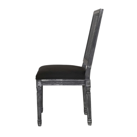 French Country Wood and Cane Upholstered Dining Chairs – Weathered Rubberwood Frame with Fluted Legs & Rectangular Cane Backrest
