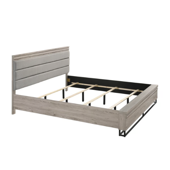 Upholstered 5-Piece Bedroom Set with Weathered Gray Finish, LED Piers, and Functional Storage