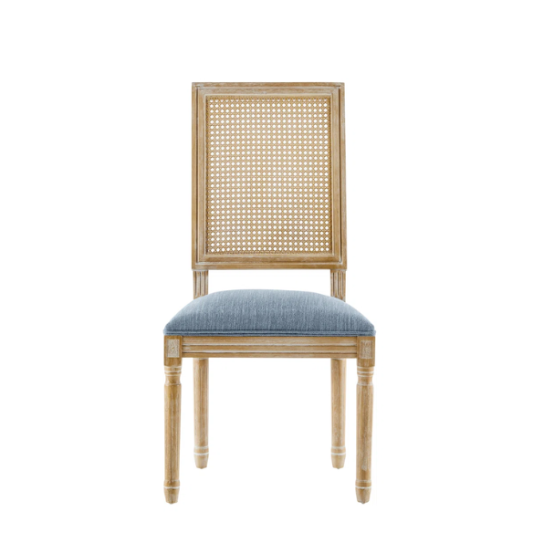 French Country Wood and Cane Upholstered Dining Chairs – Weathered Rubberwood Frame with Fluted Legs & Rectangular Cane Backrest