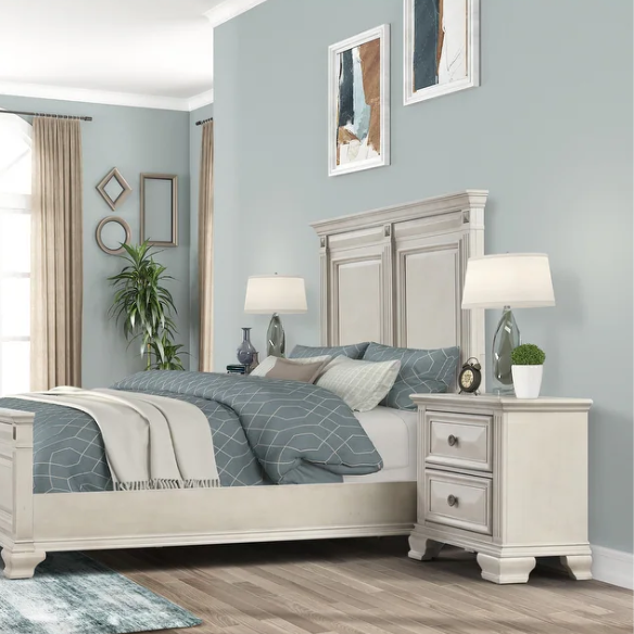 Distressed Parchment Wood Bedroom Set with Panel Bed, Dresser, Mirror, and Nightstand, Featuring Silver Accents and Fluted Pilasters