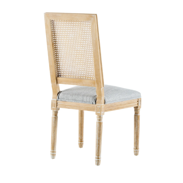 French Country Wood and Cane Upholstered Dining Chairs – Weathered Rubberwood Frame with Fluted Legs & Rectangular Cane Backrest