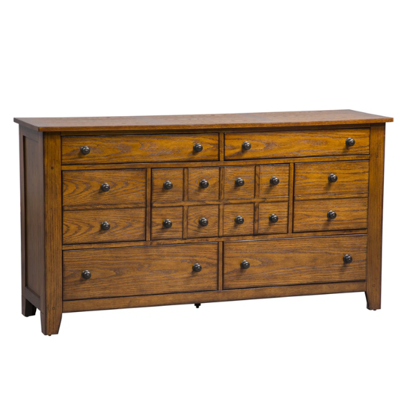 Rustic American Elegance: Sleigh Bed, Dresser & Mirror, Chest – Crafted with Rubberwood Solids & Oak Veneers, Featuring Antique Brass Hardware, Dovetail Construction, and Ample Storage for a Timeless, Durable Bedroom Collection