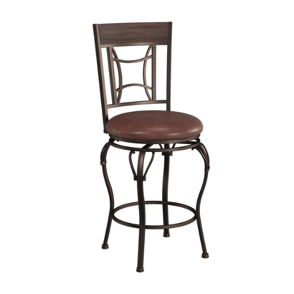 Metal Swivel Stool – Dark Chestnut Finish with Distressed Wood Rail, Geometric Back Design, Antique Brown Faux Leather Seat, 360° Swivel, Counter & Bar Height Options