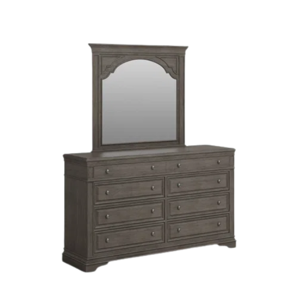 Rustic Driftwood Grey King 5-Piece Bedroom Set – Upholstered Tufted Bed, Nightstand, Dresser with Mirror, and Chest