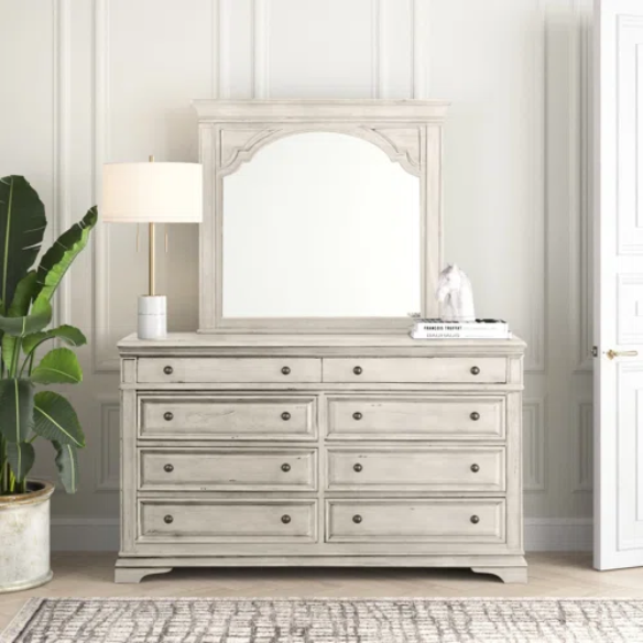 Rustic White King 5-Piece Bedroom Set – Upholstered Tufted Bed, Nightstand, Dresser with Mirror, and Chest