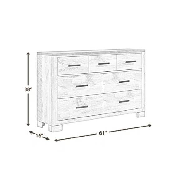 Coastal Farmhouse-Inspired King Size Bedroom Set: Distressed Whitewash Finish with Natural Brown Accents – Includes Platform Bed, 2-Drawer Nightstand, 7-Drawer Dresser with Mirror, and Optional 5-Drawer Chest for Complete Storage Solution