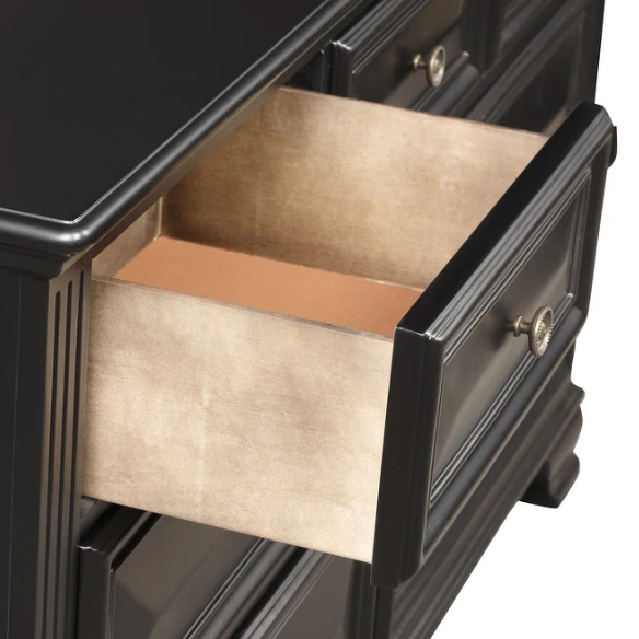4-Piece Vintage Black Wood Panel Bedroom Set with Distressed Parchment Finish – Traditional Elegance with Silver Accents, Beveled Drawer Fronts, and Brass Rosette Knob Hardware