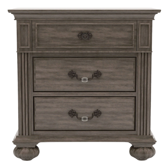 Elegant Traditional 5-Piece Grey Wood Poster Bedroom Set with Fluted Columns, Carved Floral Accents, and Bell-Shaped Headboard