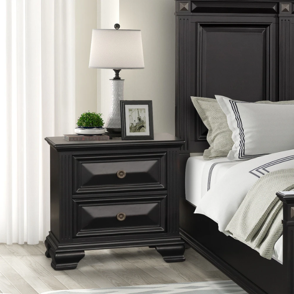 Timeless Vintage Black Wood 6-Piece Traditional Bedroom Set with Double-Panel Bed, Silvertone Accents, and Fluted Pilasters