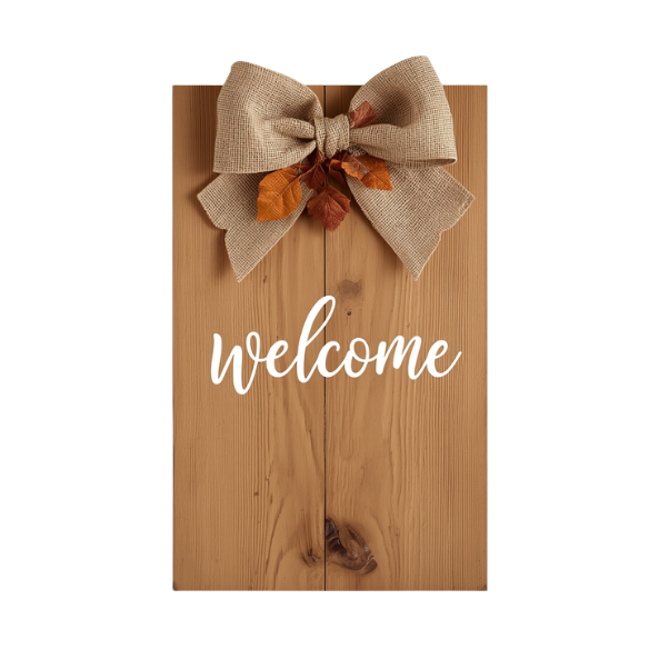 Rustic Wooden Welcome Sign with Burlap Bow and Fall Leaves