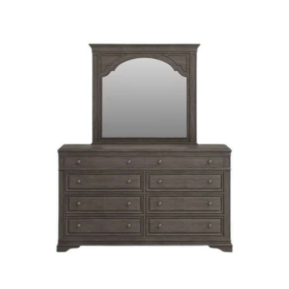 Rustic Driftwood Grey King 5-Piece Bedroom Set – Upholstered Tufted Bed, Nightstand, Dresser with Mirror, and Chest