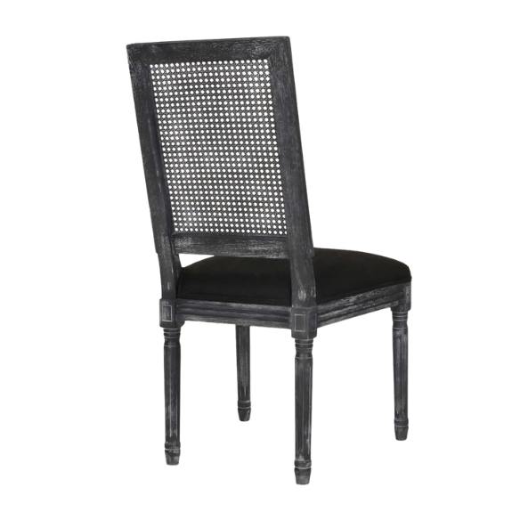 French Country Wood and Cane Upholstered Dining Chairs – Weathered Rubberwood Frame with Fluted Legs & Rectangular Cane Backrest