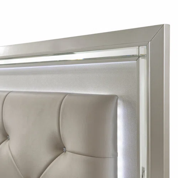 Elegant Glamour: 5-Piece Bedroom Set with Lustrous Platinum Dresser, Crystal and Chrome Handles – A Stunning, Star-Quality Collection to Elevate Your Bedroom Décor
