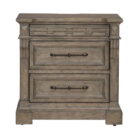 Timeless Elegance Barrigan 6-Piece King Panel Bed, Dresser, Mirror, Chest & Nightstand Set – Dusty Taupe Finish, Burnished Brass Accents, Full Extension Drawers, Cedar & Felt-Lined Drawers, Decorative Fretwork, and Built-in Charging Station