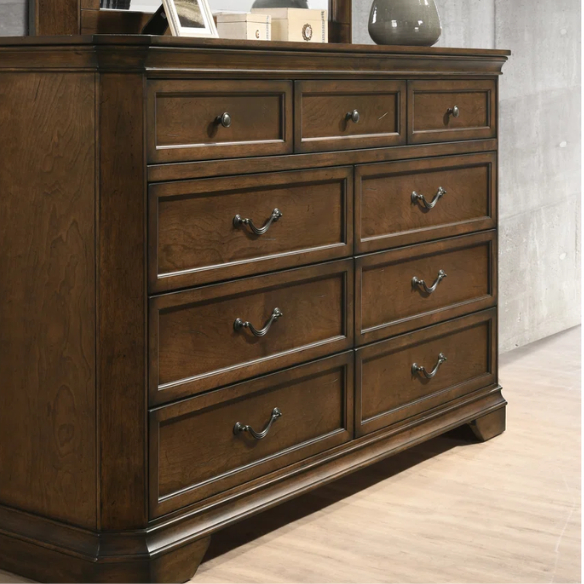 Classic Traditional Wood Queen Panel Bed with Dresser, Mirror, and Two Nightstands in Antique Walnut Finish