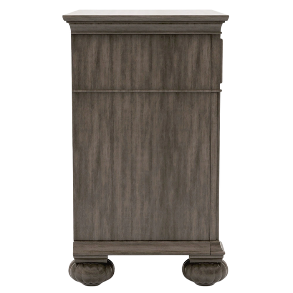 Elegant Traditional 5-Piece Grey Wood Poster Bedroom Set with Fluted Columns, Carved Floral Accents, and Bell-Shaped Headboard