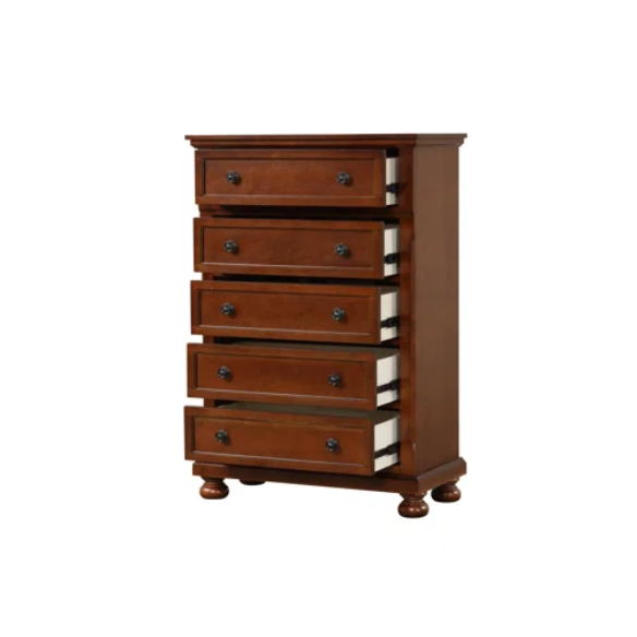 Cherry Brown King Size Platform Bedroom Set with Real Wood Veneers, Full Extension Footboard Storage Drawers, and Matching Large-Scale Dressers, Nightstands, and Mirror