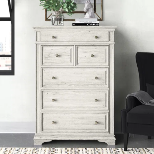 Rustic White King 5-Piece Bedroom Set – Upholstered Tufted Bed, Nightstand, Dresser with Mirror, and Chest