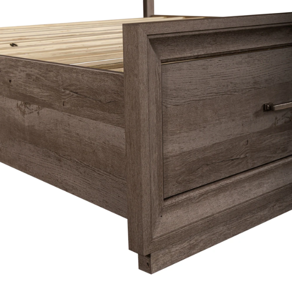 Modern Greystone 4-Piece King Storage Bed, Dresser, Mirror & Nightstand Set with LED Lighting, Built-In Charging Station, and Brushed Nickel Hardware – Floating Panel Headboard and Plinth Base
