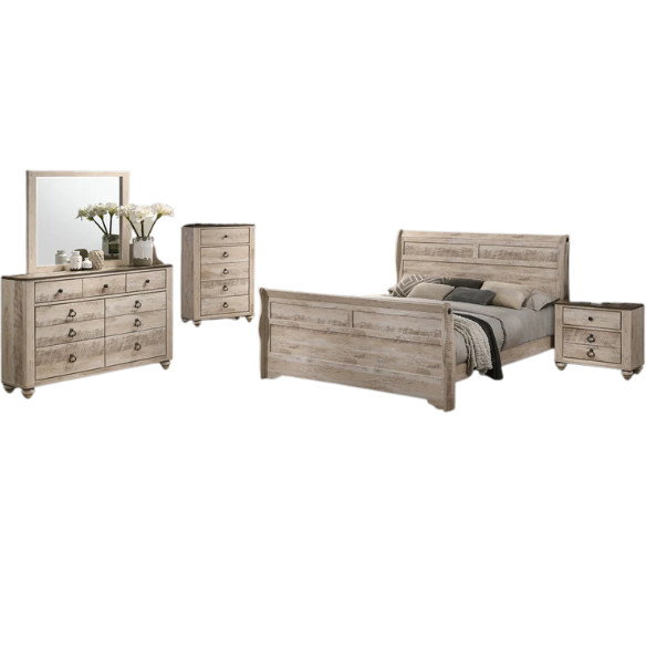 Charming 6-Piece White Wash Finish Bedroom Set with Sleigh Bed, Dresser, Mirror, Nightstands, and Chest – Antique Bronze Accents and Rustic Elegance