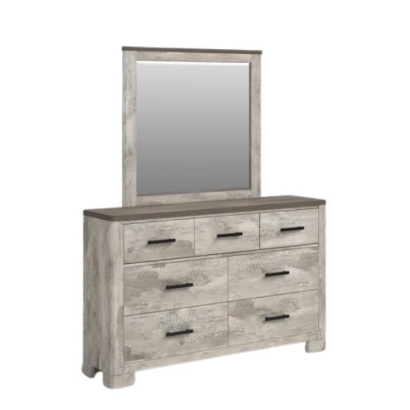 Coastal Farmhouse-Inspired King Size Bedroom Set: Distressed Whitewash Finish with Natural Brown Accents – Includes Platform Bed, 2-Drawer Nightstand, 7-Drawer Dresser with Mirror, and Optional 5-Drawer Chest for Complete Storage Solution