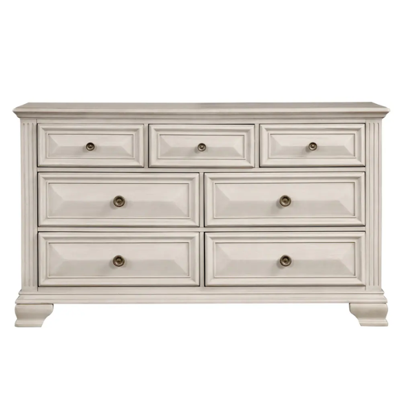 Distressed Parchment Wood Bedroom Set with Panel Bed, Dresser, Mirror, and Nightstand, Featuring Silver Accents and Fluted Pilasters