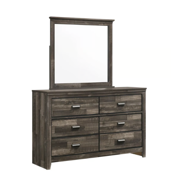 Rustic Dark Grey Weathered 6-Piece Platform Bedroom Set with Bold Black Hardware – Frame-Style Design, Metal-on-Metal Drawer Guides, and Sturdy Construction