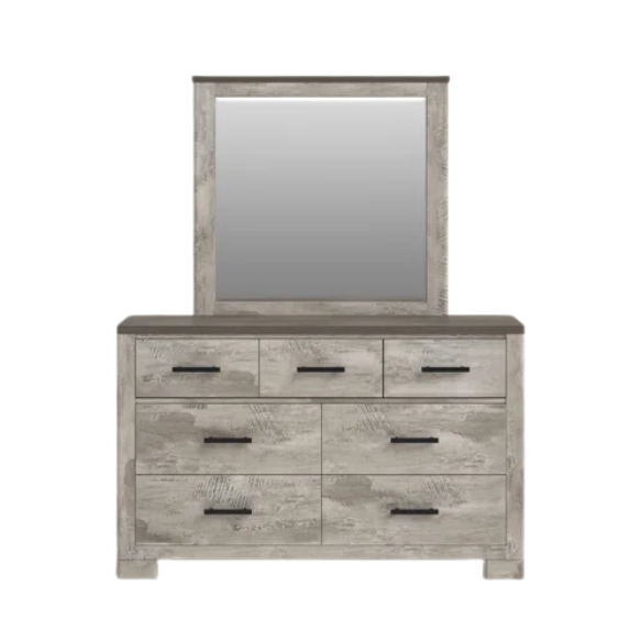Coastal Farmhouse-Inspired King Size Bedroom Set: Distressed Whitewash Finish with Natural Brown Accents – Includes Platform Bed, 2-Drawer Nightstand, 7-Drawer Dresser with Mirror, and Optional 5-Drawer Chest for Complete Storage Solution