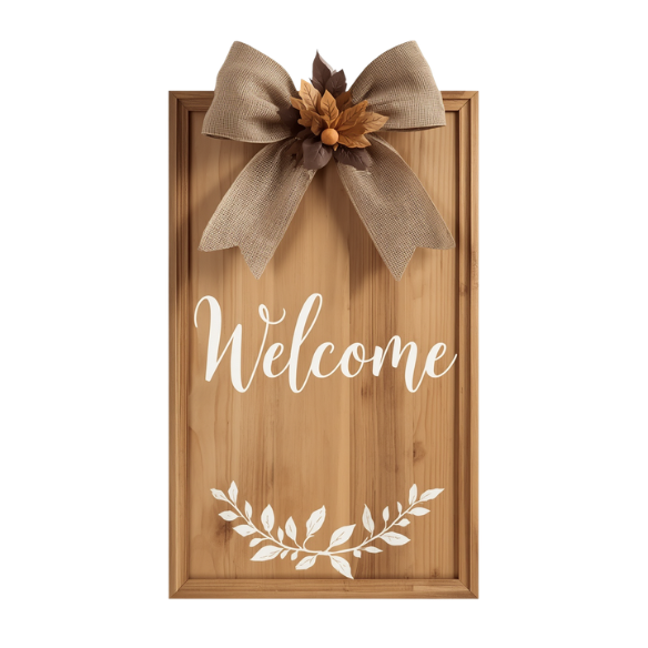 Rustic Wooden Welcome Sign with Autumn Leaf Bow