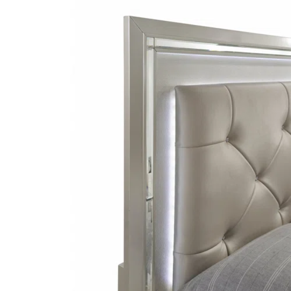 Elegant Glamour: 5-Piece Bedroom Set with Lustrous Platinum Dresser, Crystal and Chrome Handles – A Stunning, Star-Quality Collection to Elevate Your Bedroom Décor