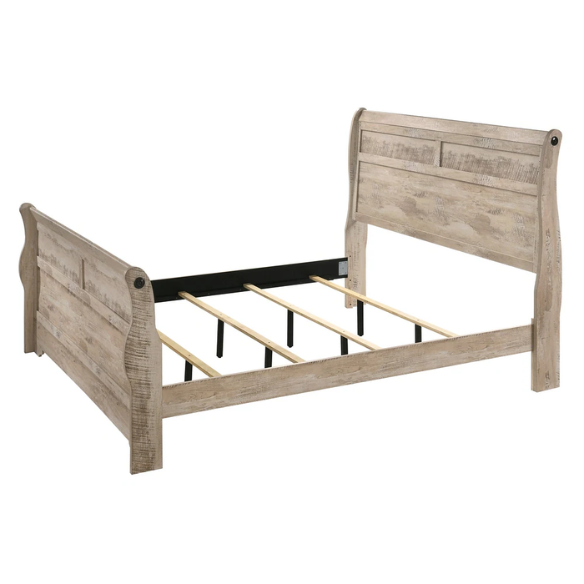 Charming 6-Piece White Wash Finish Bedroom Set with Sleigh Bed, Dresser, Mirror, Nightstands, and Chest – Antique Bronze Accents and Rustic Elegance