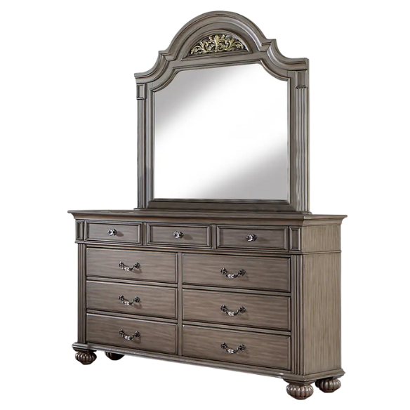 Elegant Traditional 5-Piece Grey Wood Poster Bedroom Set with Fluted Columns, Carved Floral Accents, and Bell-Shaped Headboard