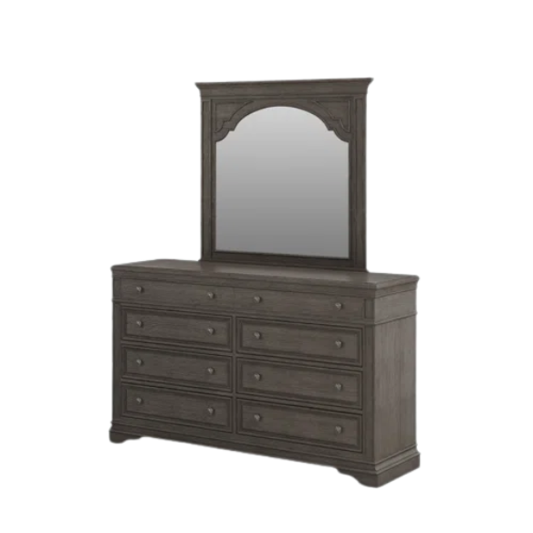 Rustic Driftwood Grey King 5-Piece Bedroom Set – Upholstered Tufted Bed, Nightstand, Dresser with Mirror, and Chest