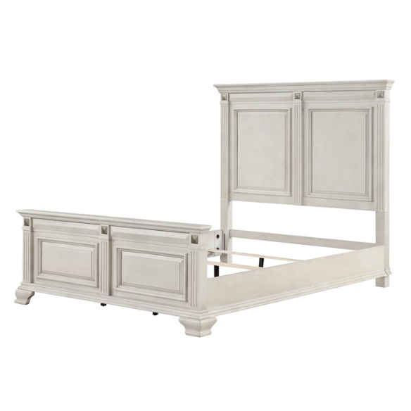Distressed Parchment Wood Bedroom Set with Panel Bed, Dresser, Mirror, and Nightstand, Featuring Silver Accents and Fluted Pilasters