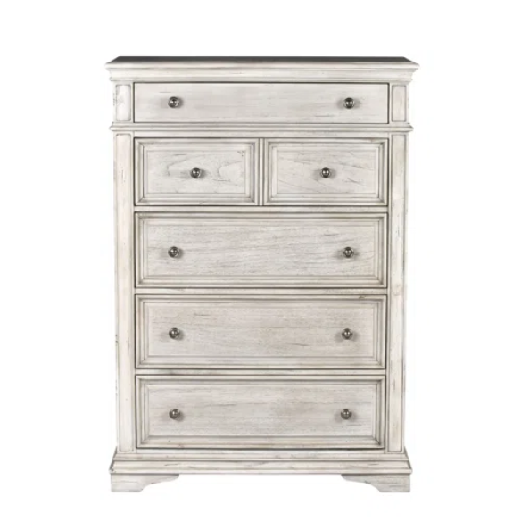Rustic White King 5-Piece Bedroom Set – Upholstered Tufted Bed, Nightstand, Dresser with Mirror, and Chest