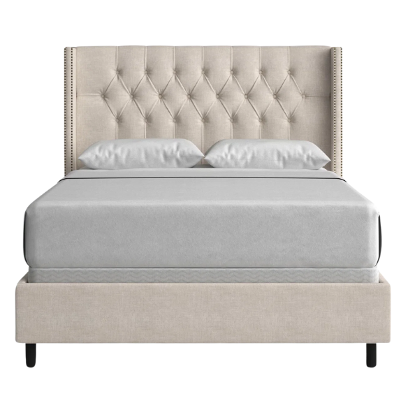 Timeless Upholstered Wingback King Size Bed with Button Tufting and Nailhead Trim
