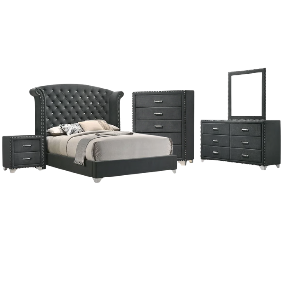 Luxurious 5-Piece Tufted Upholstered Bedroom Set with Wingback Headboard, Nailhead Trim, Velvet Fabric, Dresser, Chest, Nightstand, and Mirror for a Grand and Elegant Sleep Sanctuary
