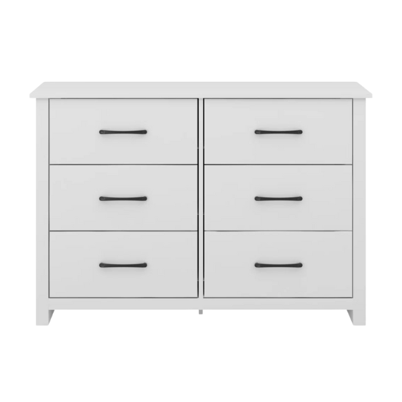 Modern 6-Drawer Double Dresser with Flared Feet and Sleek Black Metal Handles