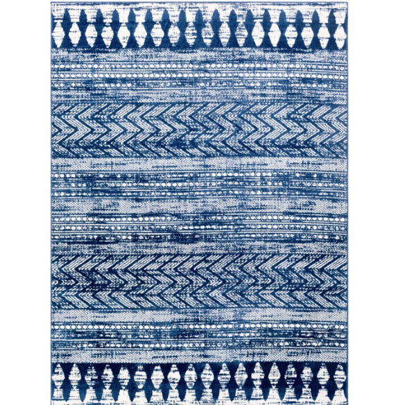 Southwestern-Inspired Geometric Rug – Navy Blue Diamond, Chevron & Dot Patterns on Off-White, Stain-Resistant, Perfect for High-Traffic Areas