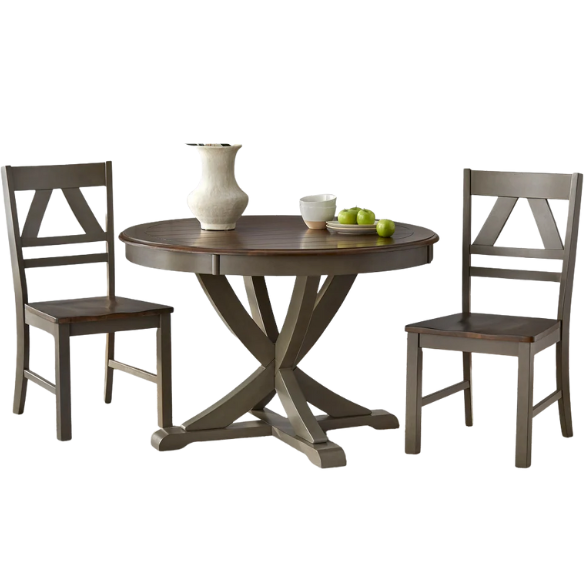 Country-Style 3-Piece Dining Set – Round Beadboard Table with X-Base and Geometric Back Chairs