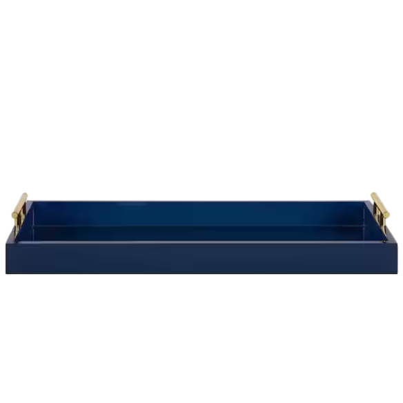 Sleek and Sophisticated Long Rectangular Serving Tray – High Gloss Wood with Polished Metal Handles, Perfect for Entryway, Vanity, or Coffee Table