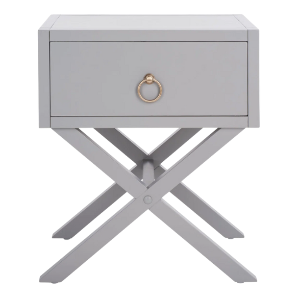 1-Drawer Nightstand – Classic Campaign Style with Contemporary Chic, Acacia Wood Frame, Cross-Base Design, Bold Finish, Gold Drawer Pull, Perfect for Modern Bedrooms