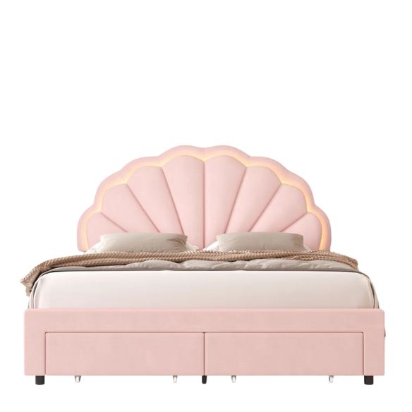 Floral-Inspired Queen Size Upholstered LED Bed Frame with Luxury Velvet, Drawer, and Adjustable Headboard