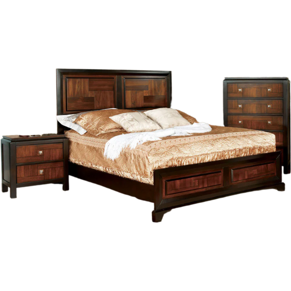 Rustic Walnut and Acacia 3-Piece Bedroom Set with Panel Bed, Chest, and Nightstand