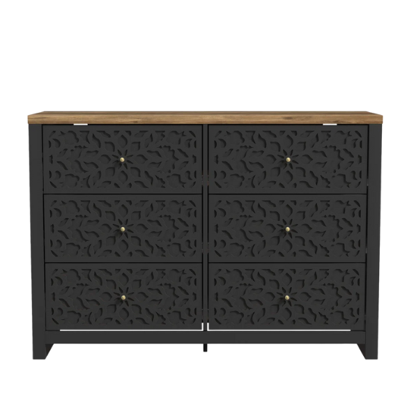 Boho-Inspired 45.4" 6-Drawer Dresser with Distressed Finish and Openwork Floral Details
