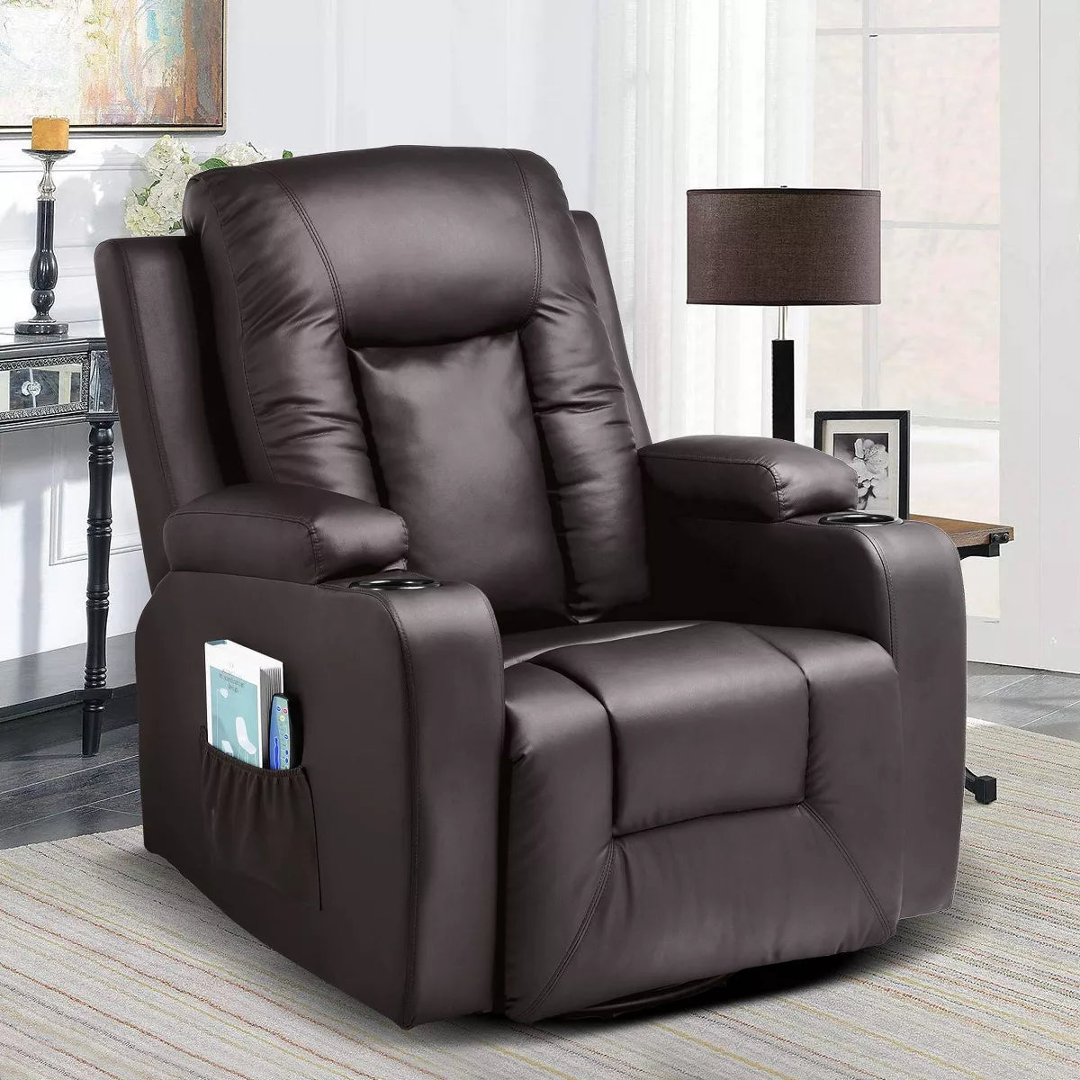 Mocha Brown Massage Recliner with Heat, Vibration, and Swivel – Comfort and Style. Features 8 vibrating motors, 5 massage modes, heating function for waist relief, manual reclining, and rocking. Includes remote control, cup holders, and side pocket for convenience. Ideal for relaxation in living rooms and bedrooms.